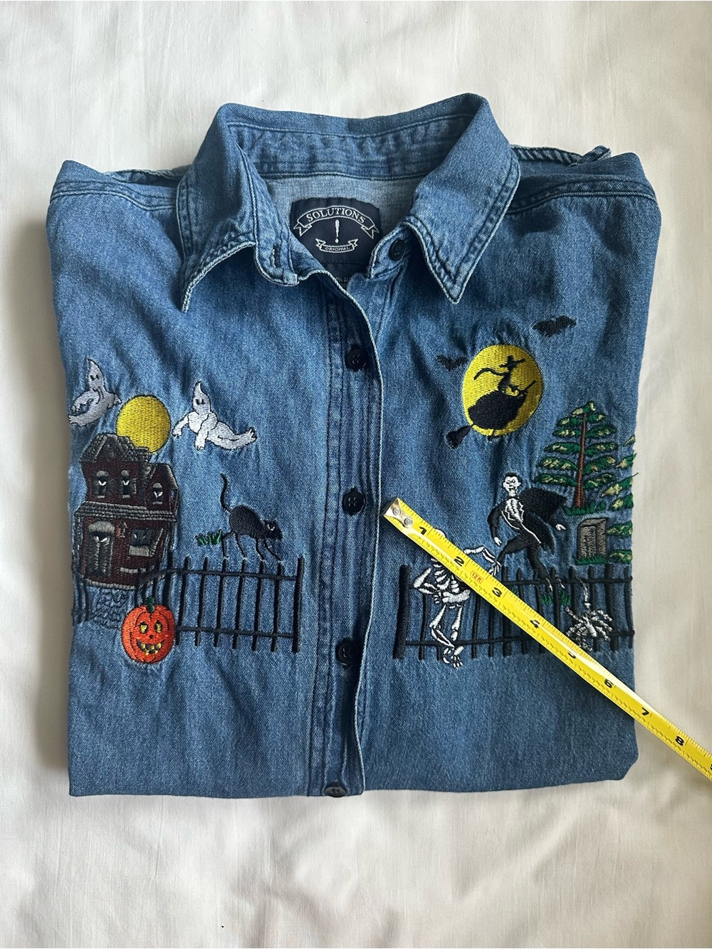 Denim Halloween Embroidered Button-Down 100% Cotton Vintage Shirt - Picture 10 of 15